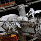 ESA astronaut Thomas Pesquet (left) and JAXA astronaut Aki Hoshide (right) performing a spacewalk outside the International Space Station in September 2021.